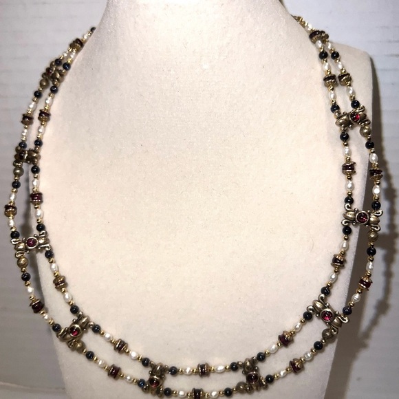 Beaded Layered Necklace Gold Tone Red Accent Pearlcore Aesthetic Jewelry - Picture 1 of 4